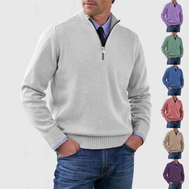 Classic Men's Knit Quarter-Zip Sweater - Solid Color Long Sleeve Stand Collar Top for Winter LONDYN UPBRINGING