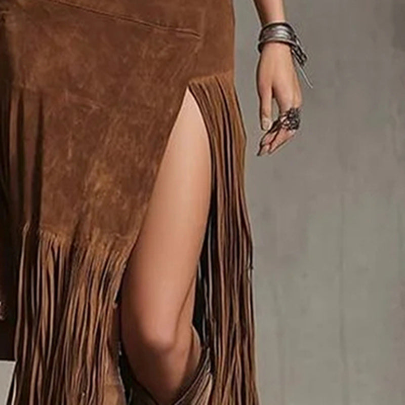 Bohemian Maxi Skirt with Fringe Hem | Women's High Slit Patchwork Western Skirt LONDYN UPBRINGING