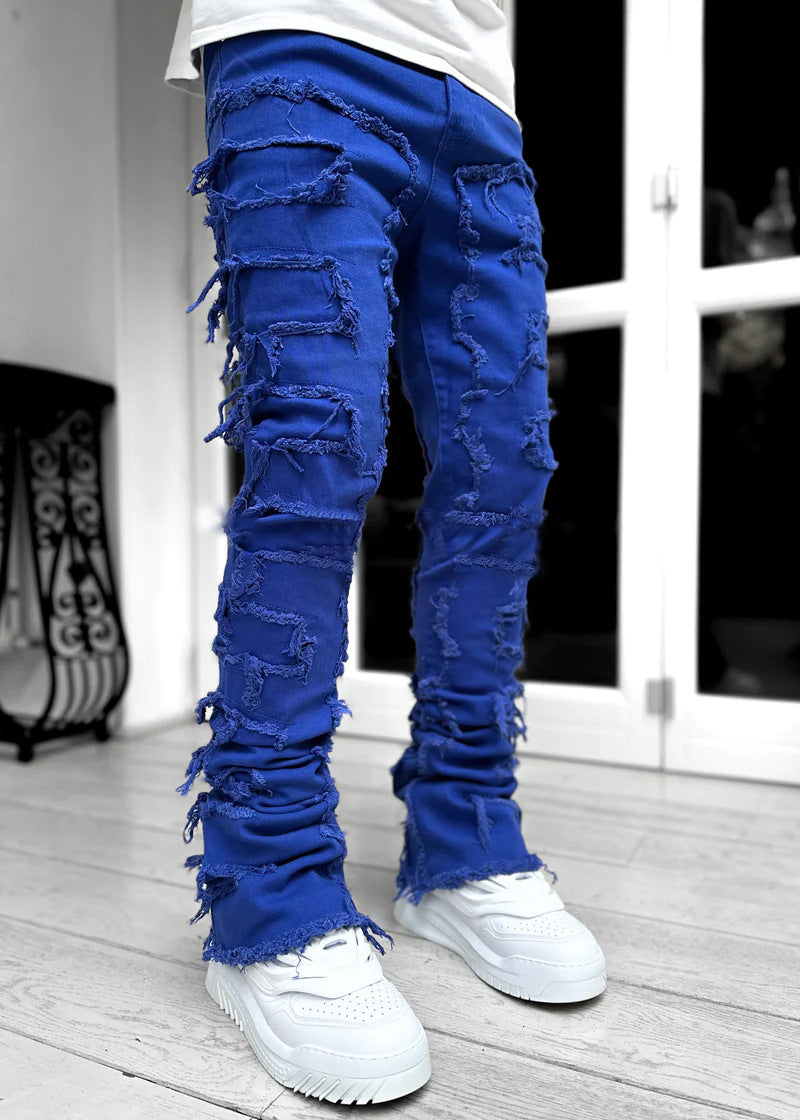 Men’s Patched Stacked Jeans – Long Tight-Fit Fashion Trousers for Trendy Streetwear Style LONDYN UPBRINGING