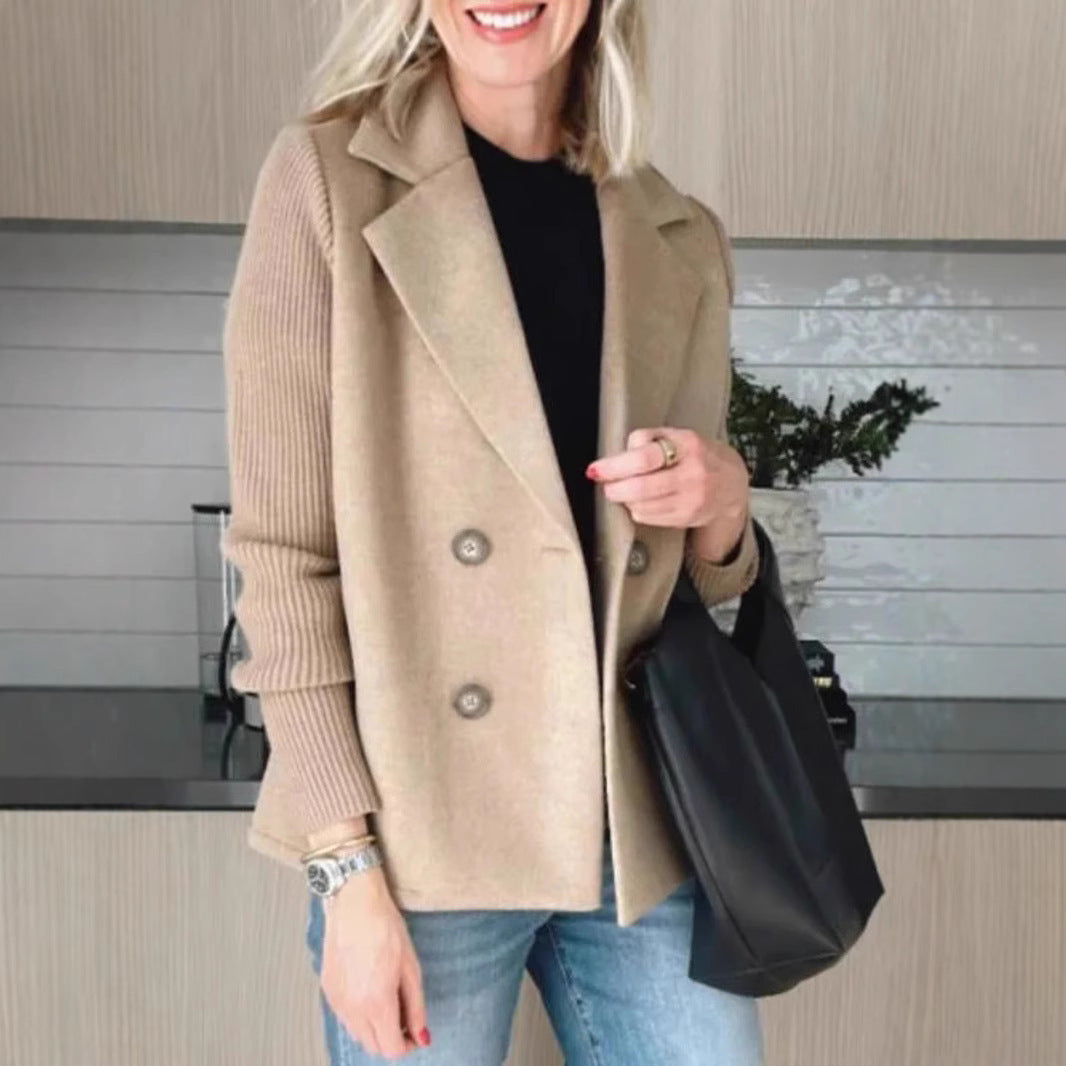 Women's Double-Breasted Lapel Coat with Knitted Sleeve Splicing: Fashion Outerwear Jacket LONDYN UPBRINGING