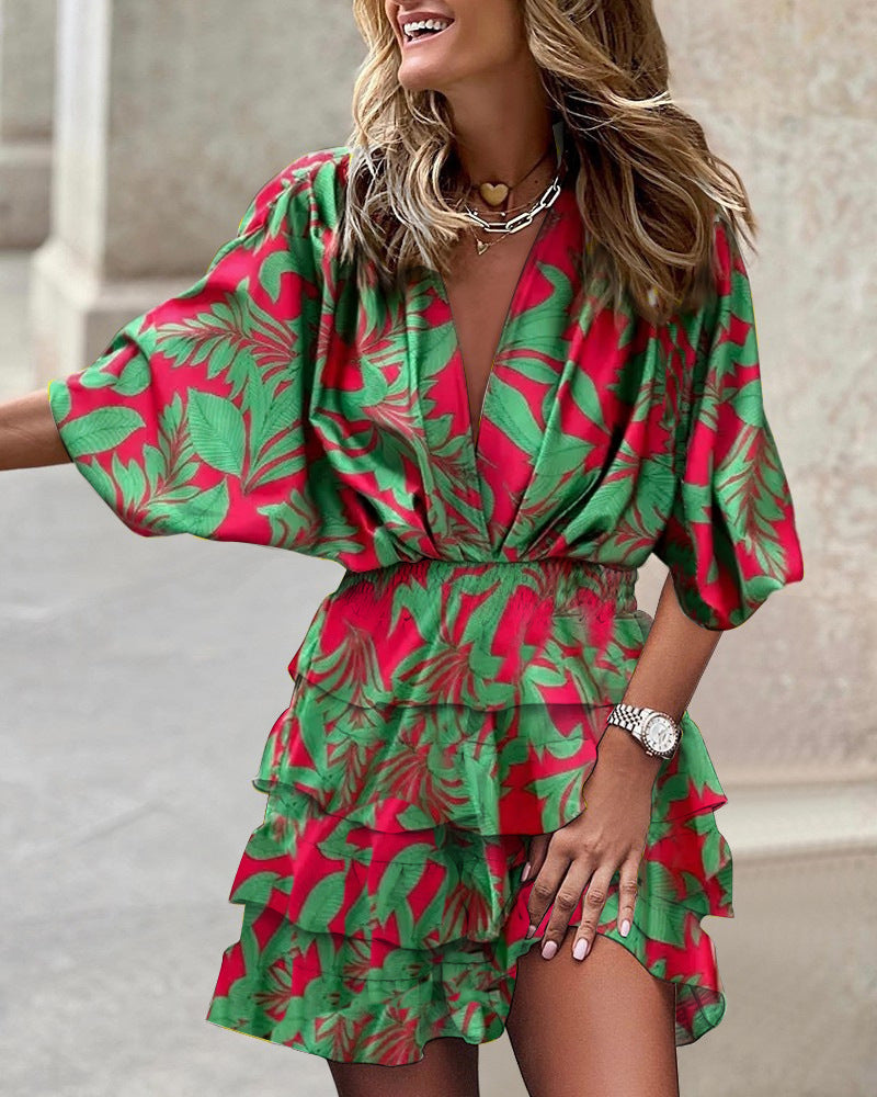 Elegant V-Neck High-Low Dress for Women | Short Sleeve Asymmetrical Hem Midi LONDYN UPBRINGING
