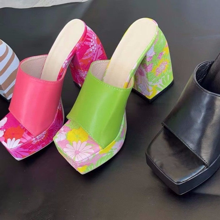 Women's Summer Printed Square Toe High Heel Sandals: Fashion Patterned Dress Shoes LONDYN UPBRINGING