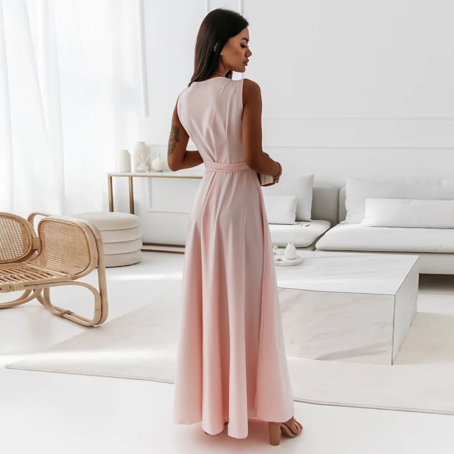 Londyn Women V-Neck Belted Maxi Dress - Sleeveless Evening & Party Wear LONDYN UPBRINGING