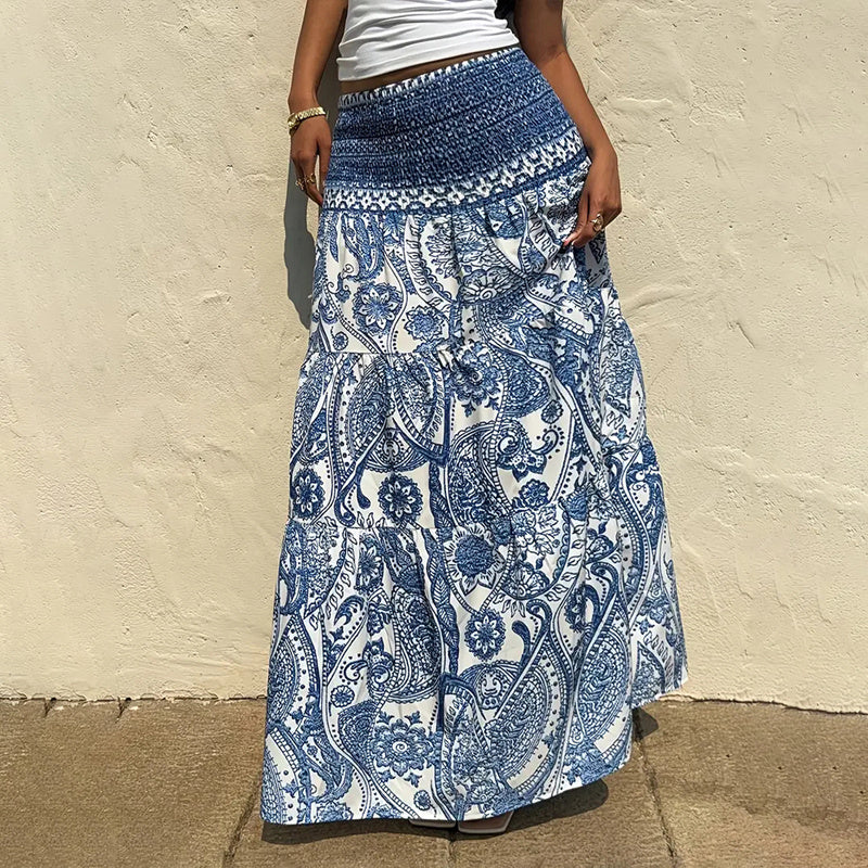 Boho Floral Print Maxi Skirt for Women: Elastic Waist A-Line Long Summer Beach Skirt LONDYN UPBRINGING