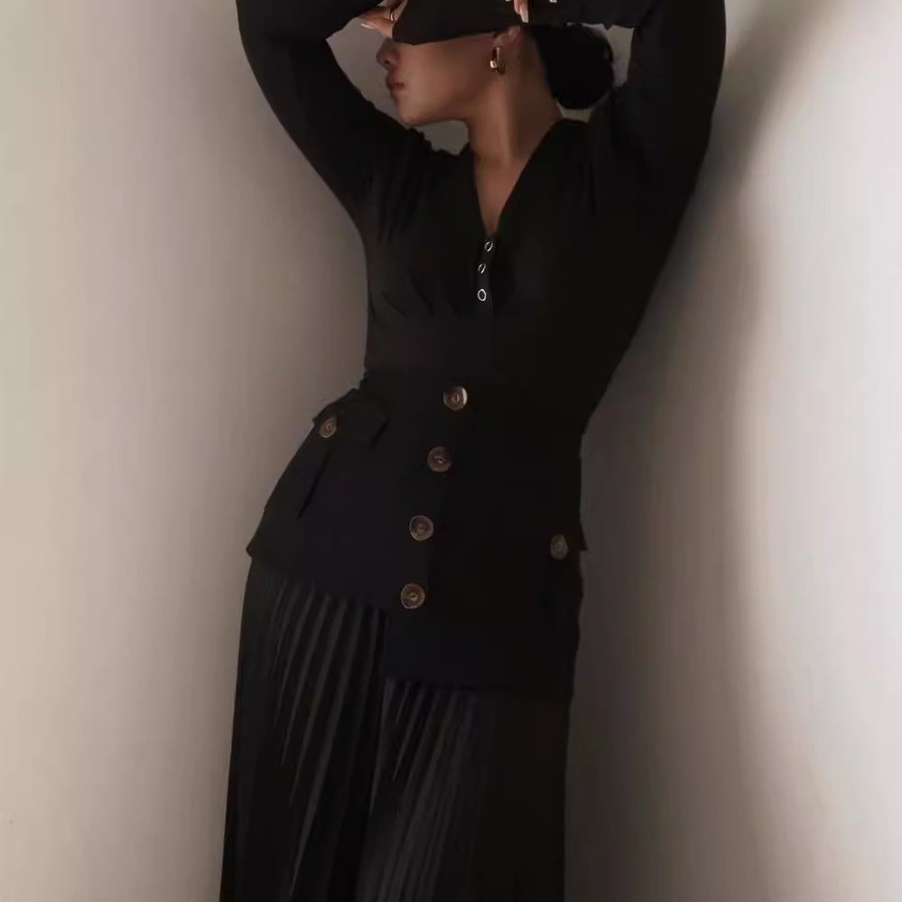 Irregular Hem Chiffon Stitching Pleated Skirt - Multi-Button Detail, A-Line Midi with Pockets LONDYN UPBRINGING