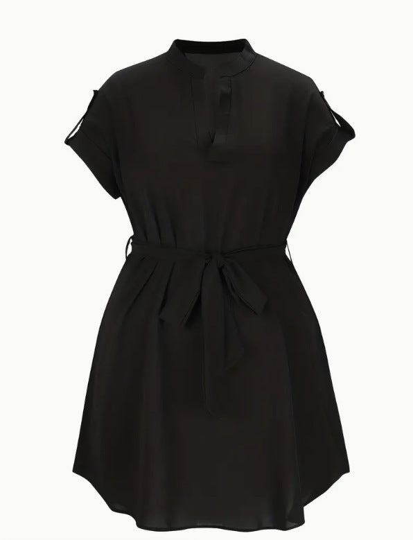 Summer V-Neck Short Sleeve Dress with Belt | Fashion Bowknot Waist A-Line LONDYN UPBRINGING