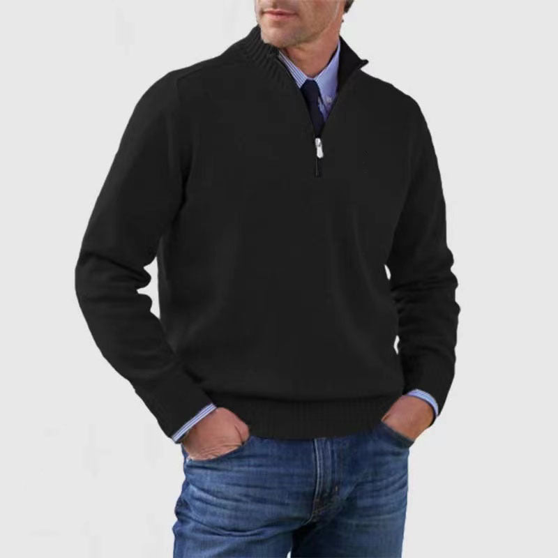 Classic Men's Knit Quarter-Zip Sweater - Solid Color Long Sleeve Stand Collar Top for Winter LONDYN UPBRINGING