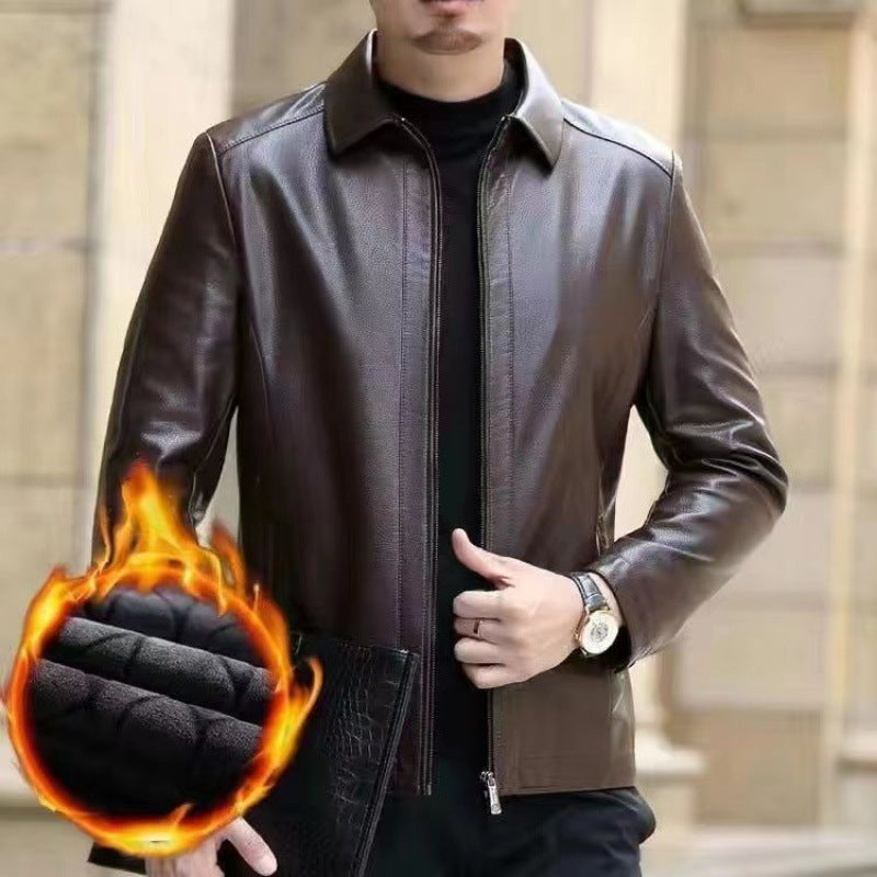 Men’s Leather Jacket – Fleece-Lined Stand Collar Coat for Middle-Aged Style & Winter Warmth LONDYN UPBRINGING