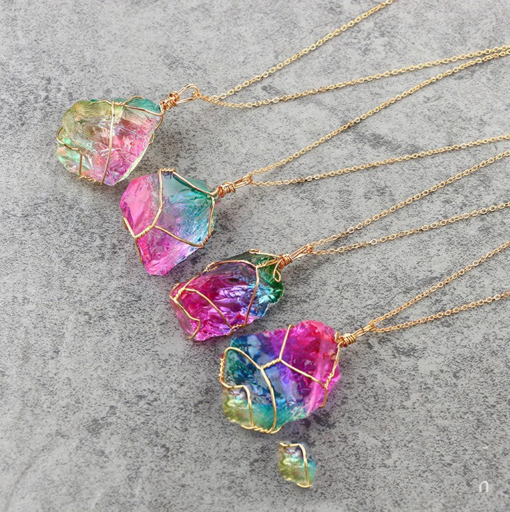 Seven-Color Natural Stone Pendant Necklace | Raw Crystal Rough Stone Wire-Wrapped Jewelry LONDYN UPBRINGING