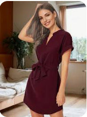 Summer V-Neck Short Sleeve Dress with Belt | Fashion Bowknot Waist A-Line LONDYN UPBRINGING