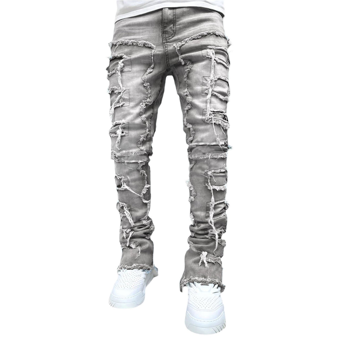 Men’s Patched Stacked Jeans – Long Tight-Fit Fashion Trousers for Trendy Streetwear Style LONDYN UPBRINGING