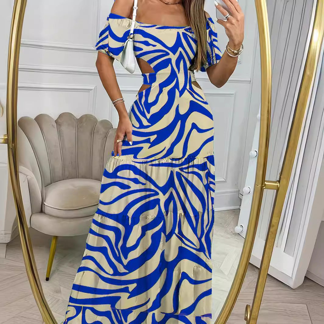 Printed One-Line Collar Long Dress for Women | Summer Vacation Hollow Waist Maxi LONDYN UPBRINGING