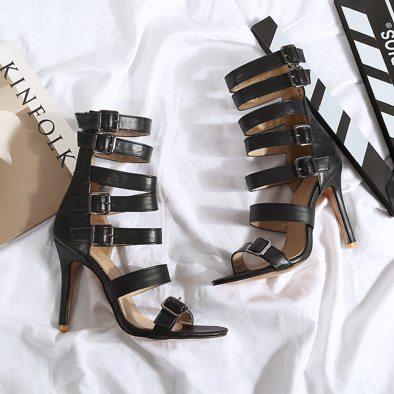 Women's British Style High Tube Sandals: Sexy Roman Gladiator Belt Buckle Stiletto Boots LONDYN UPBRINGING