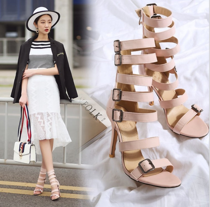Women's British Style High Tube Sandals: Sexy Roman Gladiator Belt Buckle Stiletto Boots LONDYN UPBRINGING