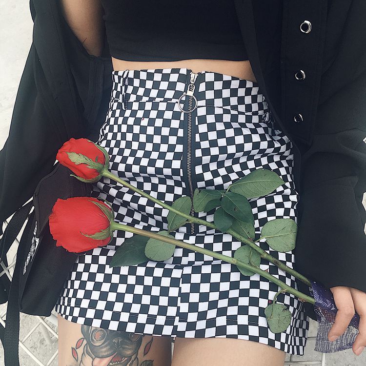 Women's Mini Skirt Black & White Checkered Skirt (Square/Dot Print) LONDYN UPBRINGING