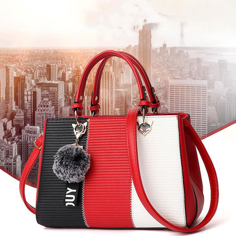 Women’s Patchwork Handbag with Hairball Ornament – Elegant Tote & Crossbody Shoulder Bag for Parties LONDYN UPBRINGING