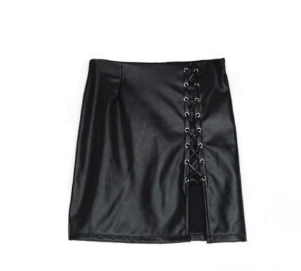 Women's Black PU Leather Mini Skirt - Lace Up Detail LONDYN UPBRINGING