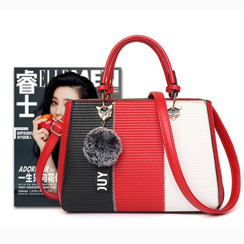 Women’s Patchwork Handbag with Hairball Ornament – Elegant Tote & Crossbody Shoulder Bag for Parties LONDYN UPBRINGING