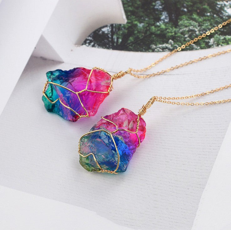 Seven-Color Natural Stone Pendant Necklace | Raw Crystal Rough Stone Wire-Wrapped Jewelry LONDYN UPBRINGING