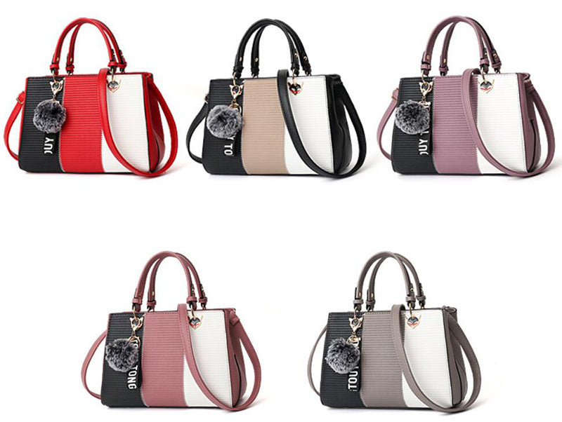 Women’s Patchwork Handbag with Hairball Ornament – Elegant Tote & Crossbody Shoulder Bag for Parties LONDYN UPBRINGING