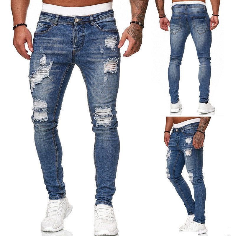 Men’s Street Style Ripped Skinny Jeans – Vintage Wash Slim Fit Denim Pants LONDYN UPBRINGING
