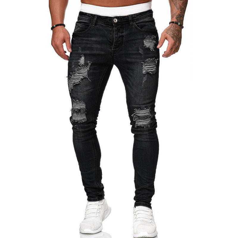 Men’s Street Style Ripped Skinny Jeans – Vintage Wash Slim Fit Denim Pants LONDYN UPBRINGING
