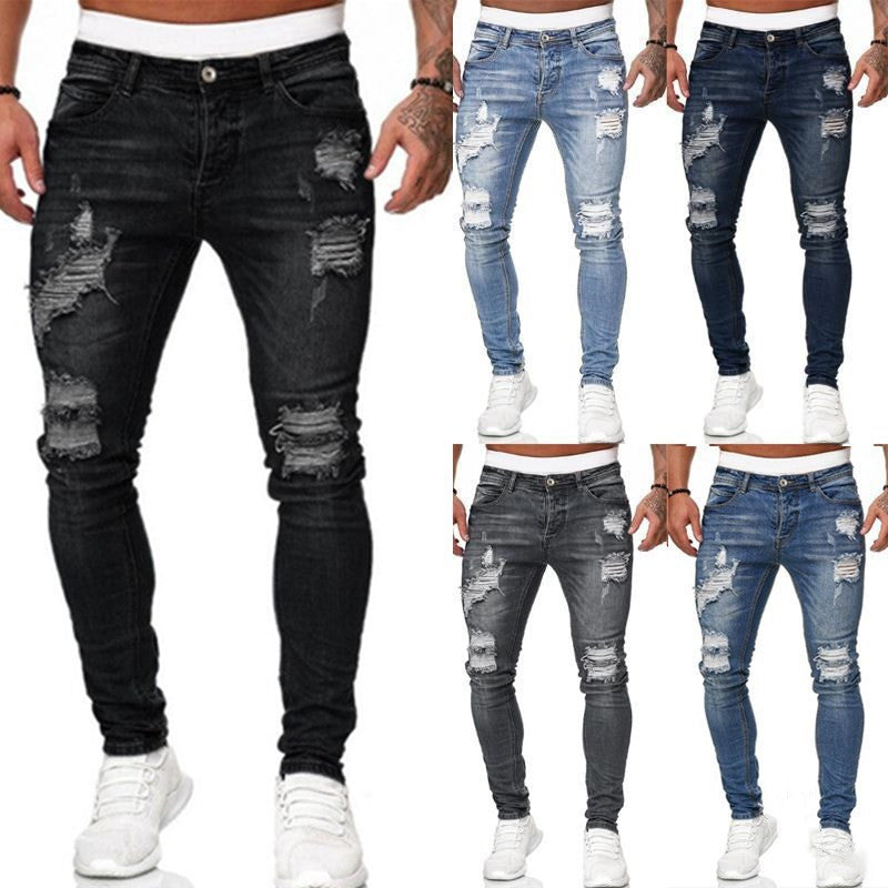 Men’s Street Style Ripped Skinny Jeans – Vintage Wash Slim Fit Denim Pants LONDYN UPBRINGING