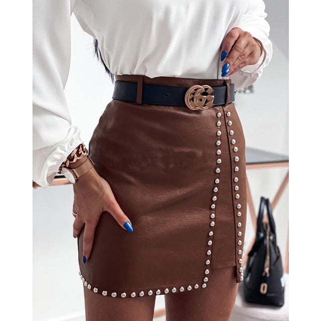 Women's Elegant PU Leather Skirt with Rivet Detail Mini Skirt LONDYN UPBRINGING