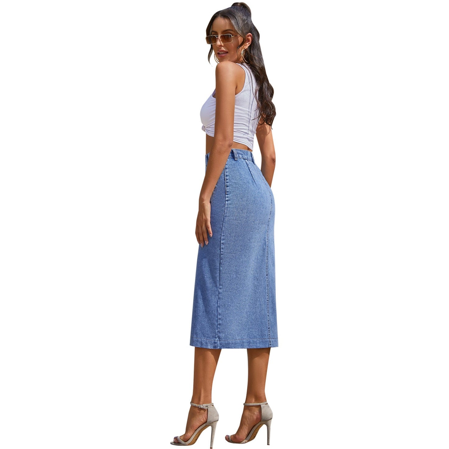 Women's Denim High Waist Skirt: Button Down & Midi Denim Skirt LONDYN UPBRINGING