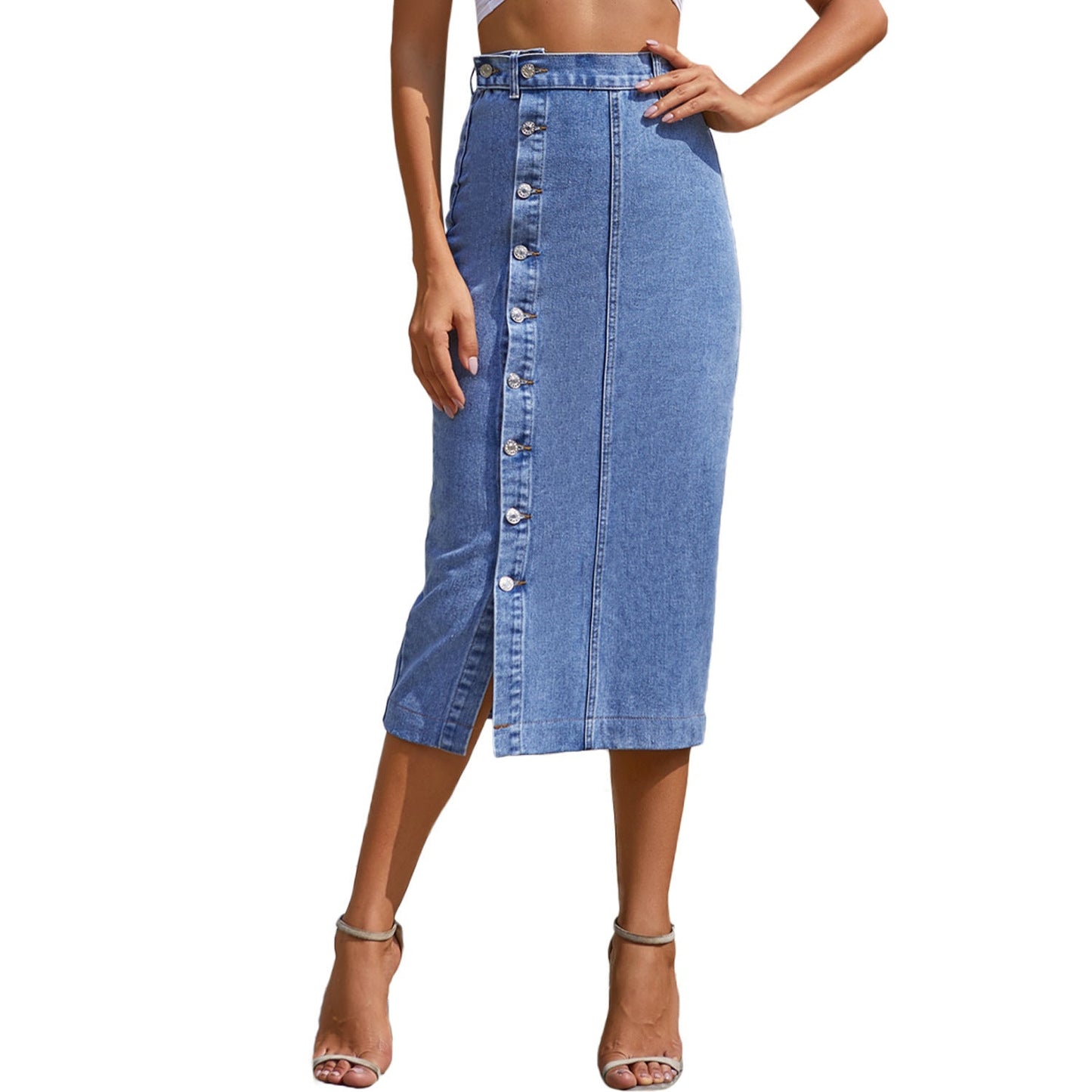 Women's Denim High Waist Skirt: Button Down & Midi Denim Skirt LONDYN UPBRINGING
