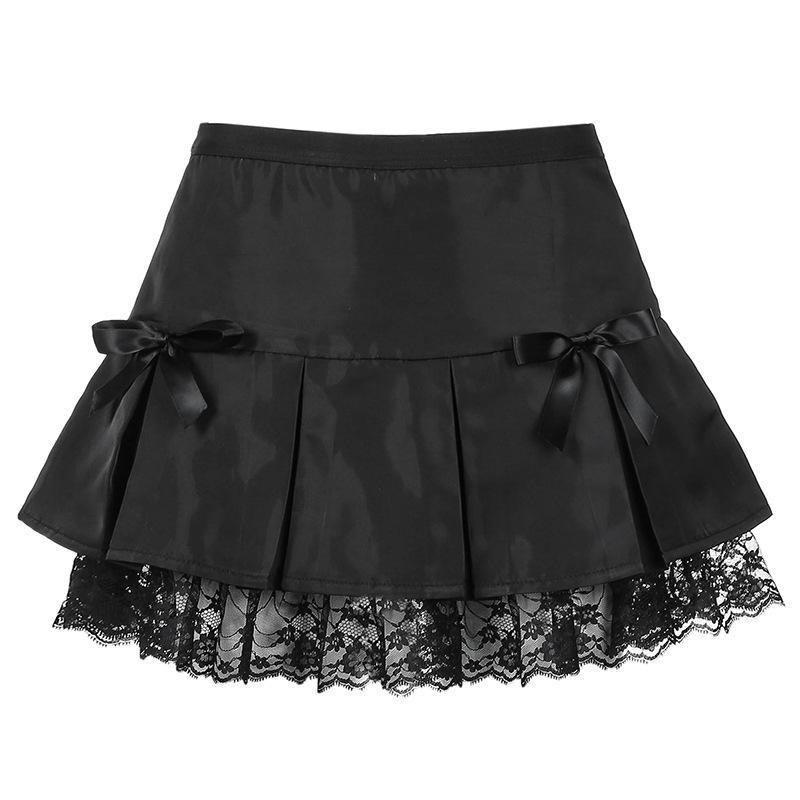 Womens Aesthetic Skirt Black Goth Pleated Skirt: Lace Trim & Ribbon Detail LONDYN UPBRINGING