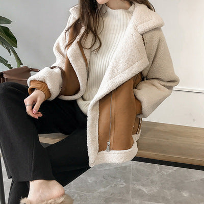 Women's Short Suede Motorcycle Jacket with Lamb Velvet Shearling Lining | Moto Biker Style LONDYN UPBRINGING