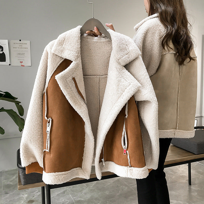 Women's Short Suede Motorcycle Jacket with Lamb Velvet Shearling Lining | Moto Biker Style LONDYN UPBRINGING