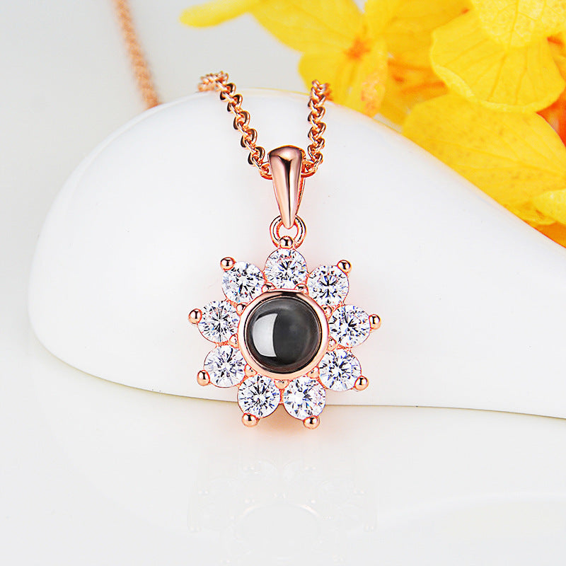 Custom Photo Name Projection Necklace Rose Gold Silver Color Clavicle Chain Personalized Sun Flower Shaped Pendant Jewelry LONDYN UPBRINGING