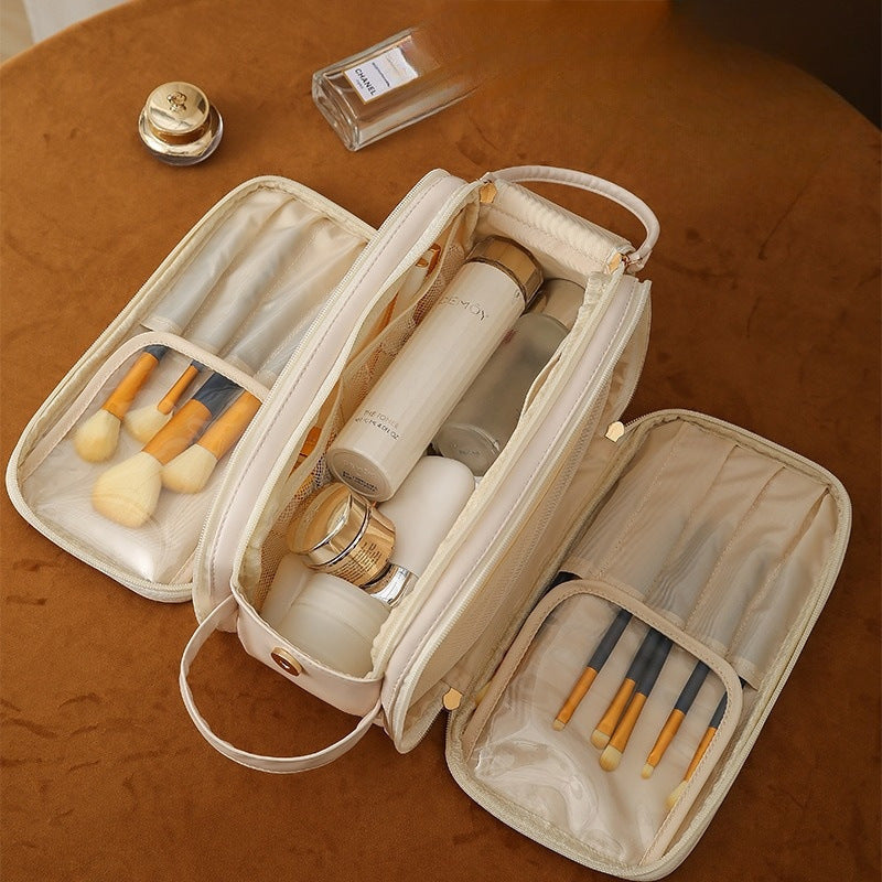 Three-Layer PU Leather Cosmetic Bag – Double Zipper U-Shaped Makeup Organizer for Travel & Skincare Storage LONDYN UPBRINGING