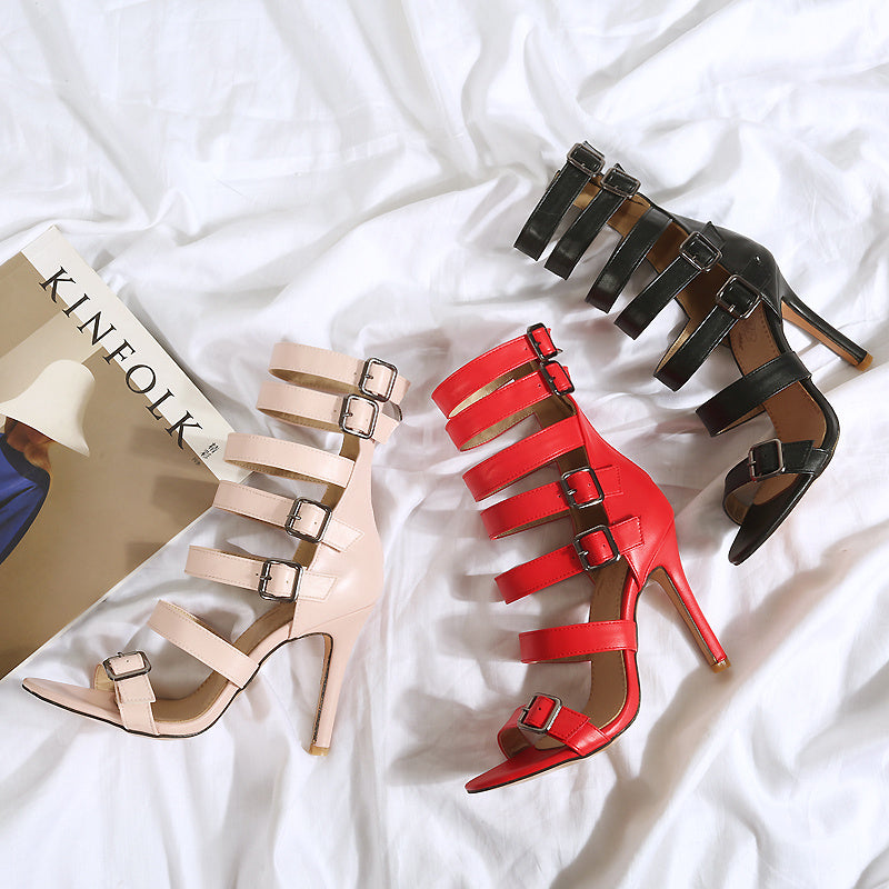 Women's British Style High Tube Sandals: Sexy Roman Gladiator Belt Buckle Stiletto Boots LONDYN UPBRINGING