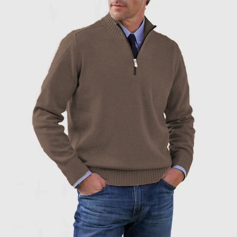 Classic Men's Knit Quarter-Zip Sweater - Solid Color Long Sleeve Stand Collar Top for Winter LONDYN UPBRINGING