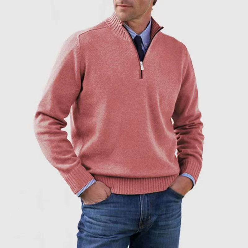 Classic Men's Knit Quarter-Zip Sweater - Solid Color Long Sleeve Stand Collar Top for Winter LONDYN UPBRINGING