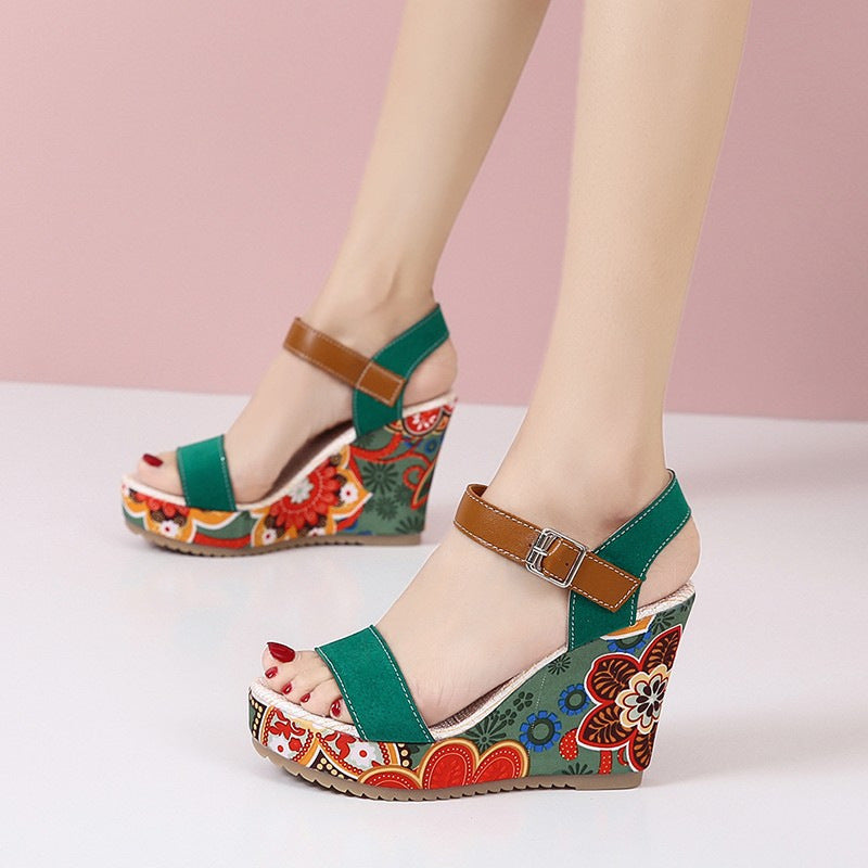 Embroidered Flower Wedge Sandals | Women's Summer Platform Buckle Shoes LONDYN UPBRINGING