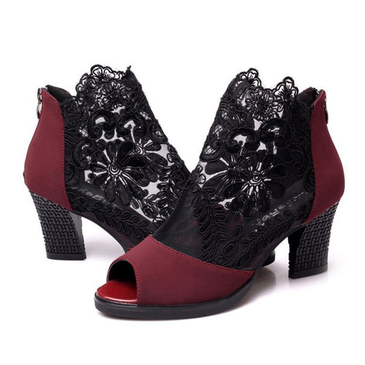 Lucyever Women's Plus Size Square High Heel Sandals: Sexy Flower Lace Peep Toe Gladiator (35-43) LONDYN UPBRINGING