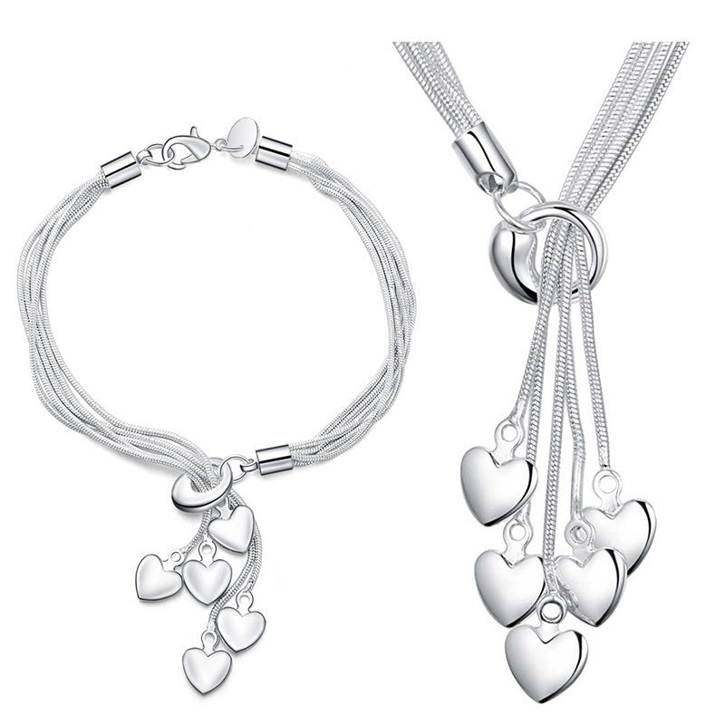 Silver Plated 5-Piece Snake Bone Chain and Heart Pendant Layering Necklace Set LONDYN UPBRINGING