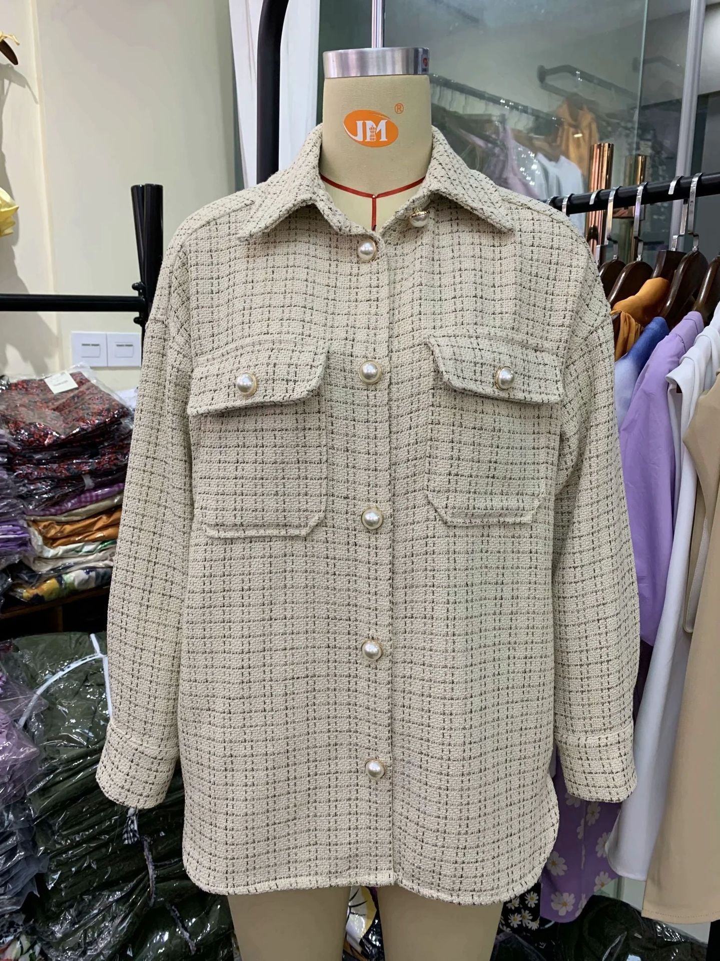 Women's Elegant Plaid Pattern Thick Coat - Pearl Button Autumn/Winter Jacket LONDYN UPBRINGING
