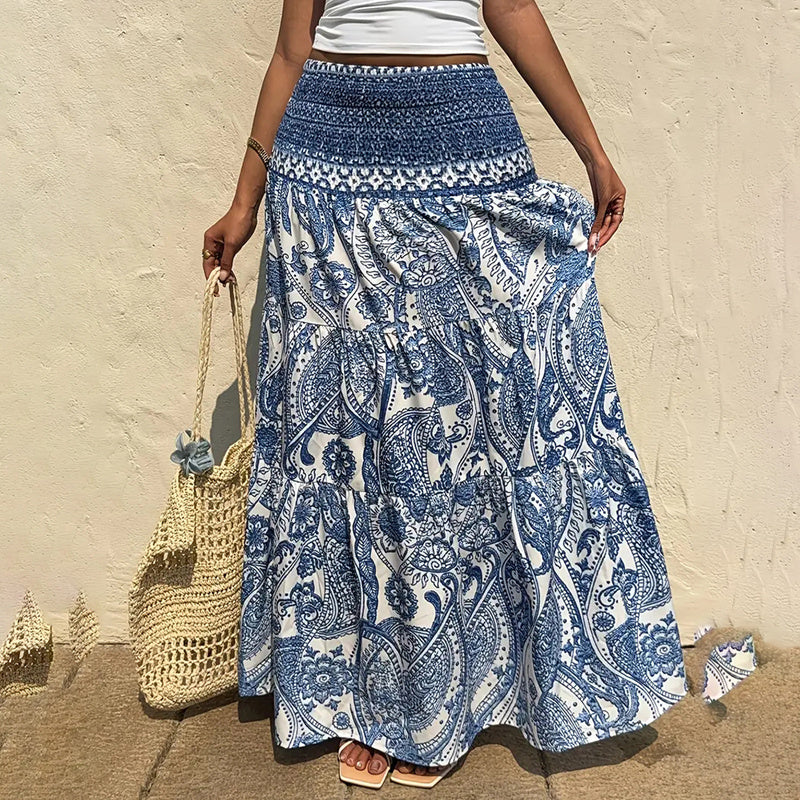 Boho Floral Print Maxi Skirt for Women: Elastic Waist A-Line Long Summer Beach Skirt LONDYN UPBRINGING
