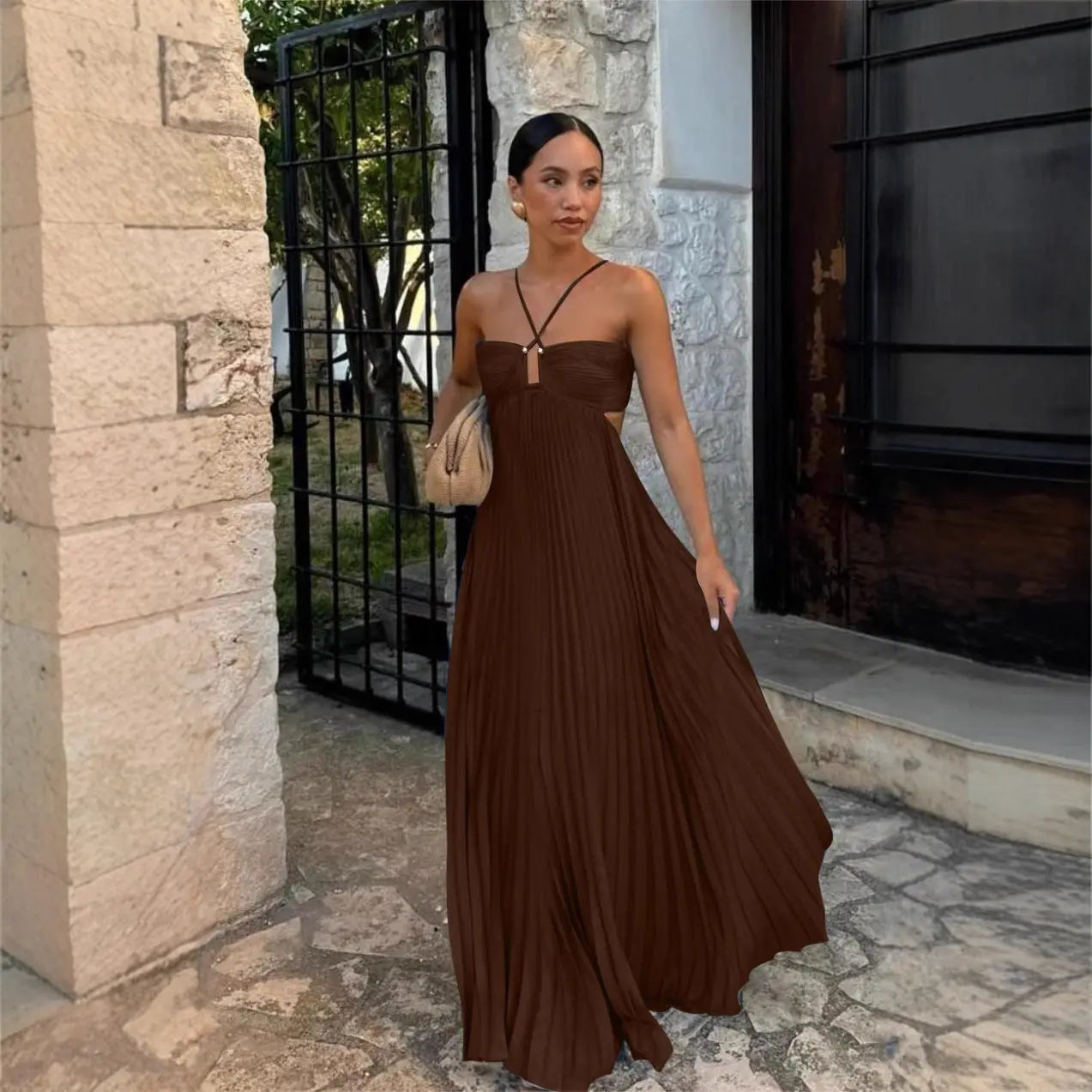 Halter Neck Pleated Midi Dress - Sleeveless Hollow-Out Evening & Club Wear LONDYN UPBRINGING