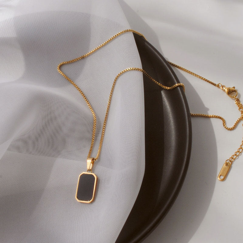 18K Gold Plated Titanium Steel Rectangular Pendant Necklace | Non-Fading Small Black Bar Jewelry for Men & Women LONDYN UPBRINGING