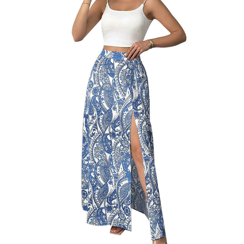 Elegant A-Line Printed Maxi Skirt | Women's High-Waist Side Split Skirt LONDYN UPBRINGING