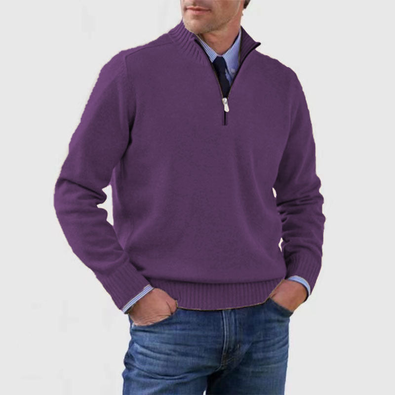 Classic Men's Knit Quarter-Zip Sweater - Solid Color Long Sleeve Stand Collar Top for Winter LONDYN UPBRINGING