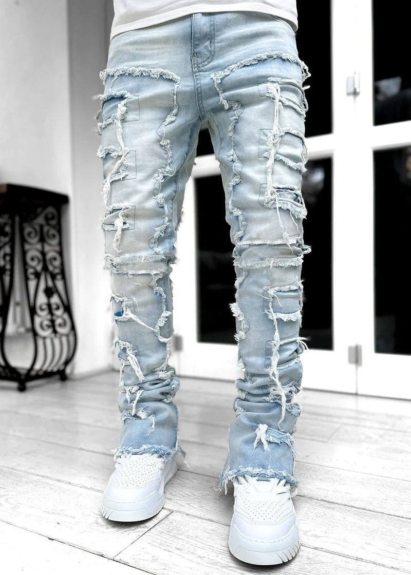 Men’s Patched Stacked Jeans – Long Tight-Fit Fashion Trousers for Trendy Streetwear Style LONDYN UPBRINGING
