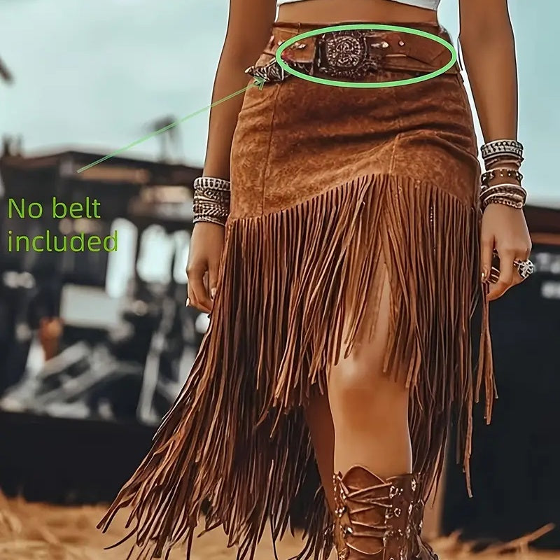 Women's Boho Fringe Midi Skirt | Western Style Asymmetrical Hem Denim-Look Skirt LONDYN UPBRINGING
