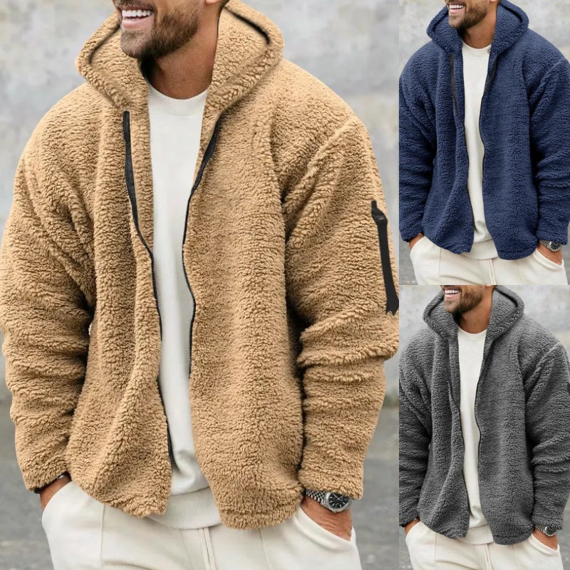 Men’s Plush Fleece Hooded Jacket – Double-Sided Warm Zipper Coat for Autumn & Winter Outdoor Casual Wear LONDYN UPBRINGING